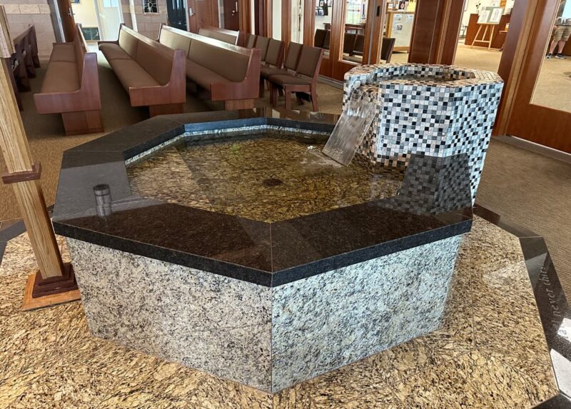 Baptismal fountain at St. Thomas Aquinas Catholic Church in Indianola