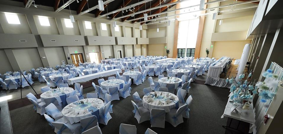 Parish Hall Rental space with tables and decorations for wedding reception